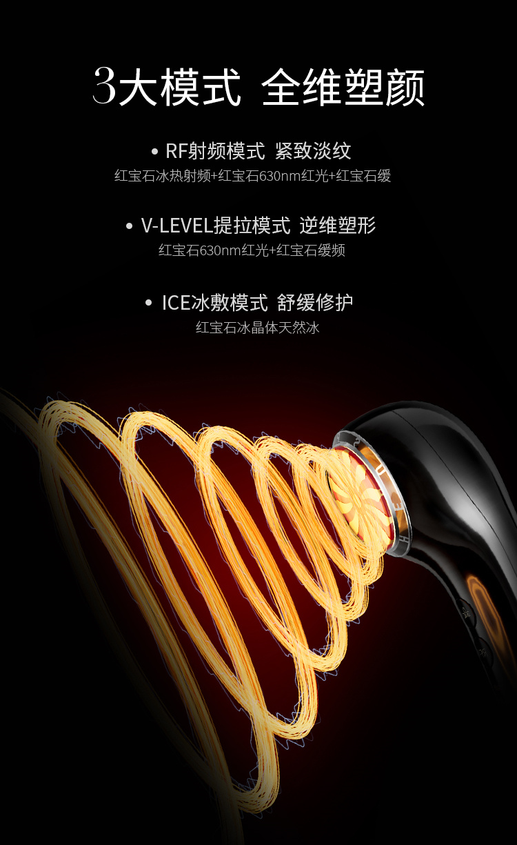 3大模式全維塑顏，RF射頻模式-緊致淡紋、V-LEVEL提拉模式-逆維度塑形、ICE冰敷模式-舒緩修護(hù)